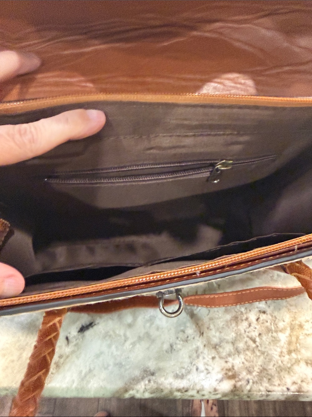 Cowhide Two-Tone Brown & White Braided-Handle Satchel - Picture 6 of 8